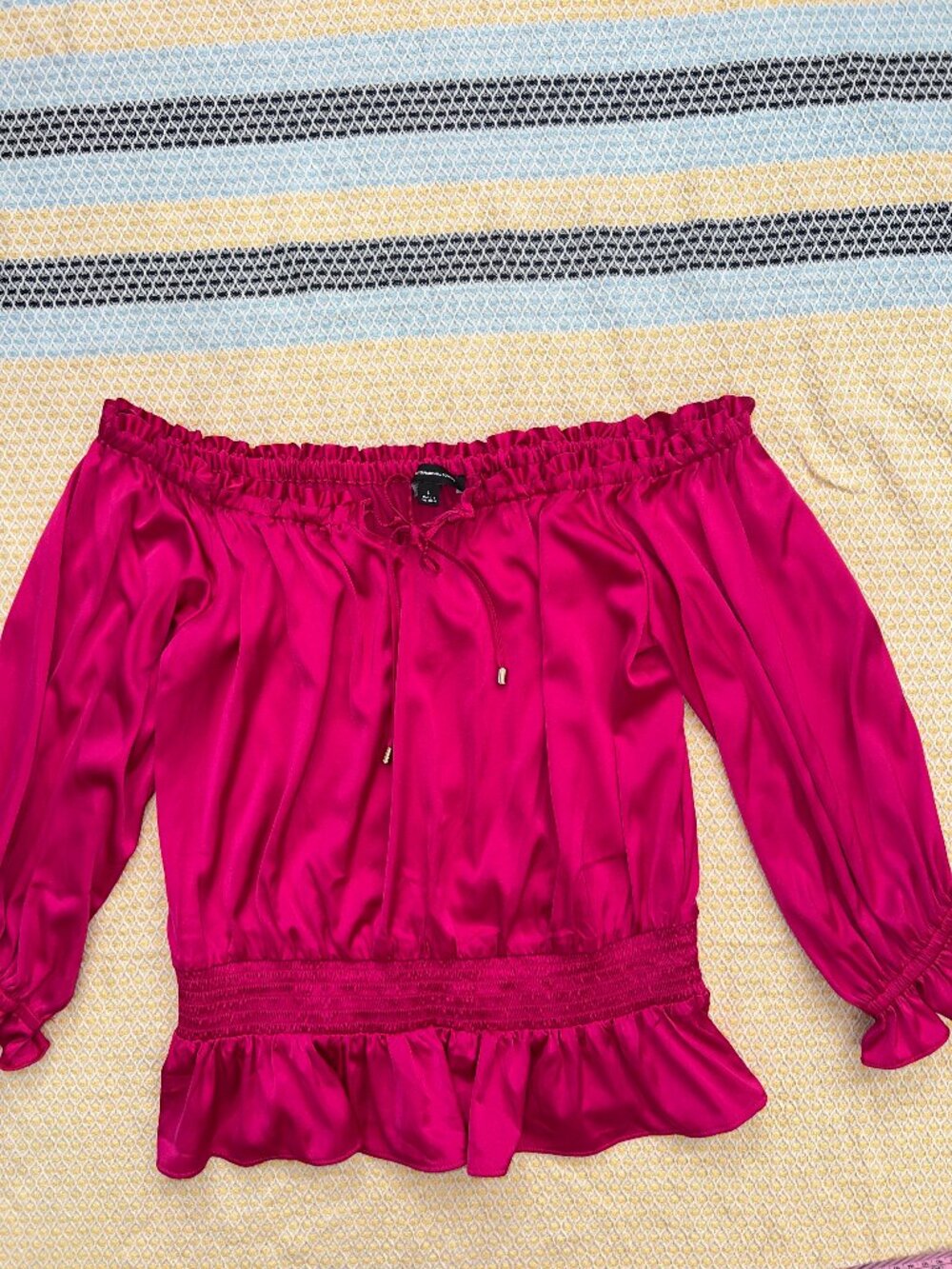 INC Hot Pink Satin Off The Shoulder Smocked Top L